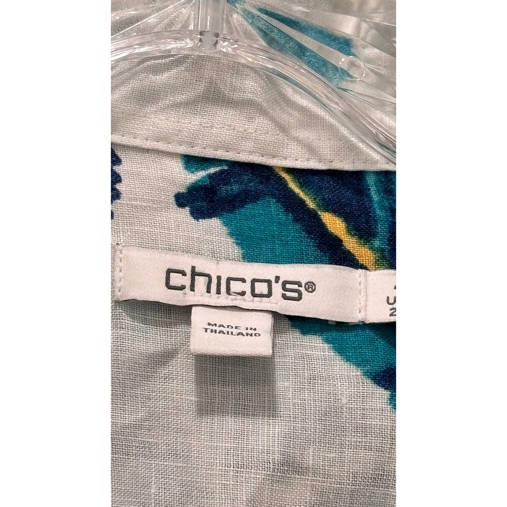Chico's 100% Linen Tropical Leaf Print Button Down Shirt White Teal Blue Size 2 - Picture 4 of 8